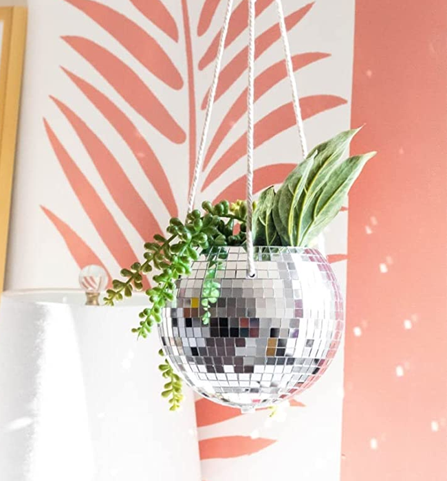 photo of the shimmering disco ball planter suspended elegantly