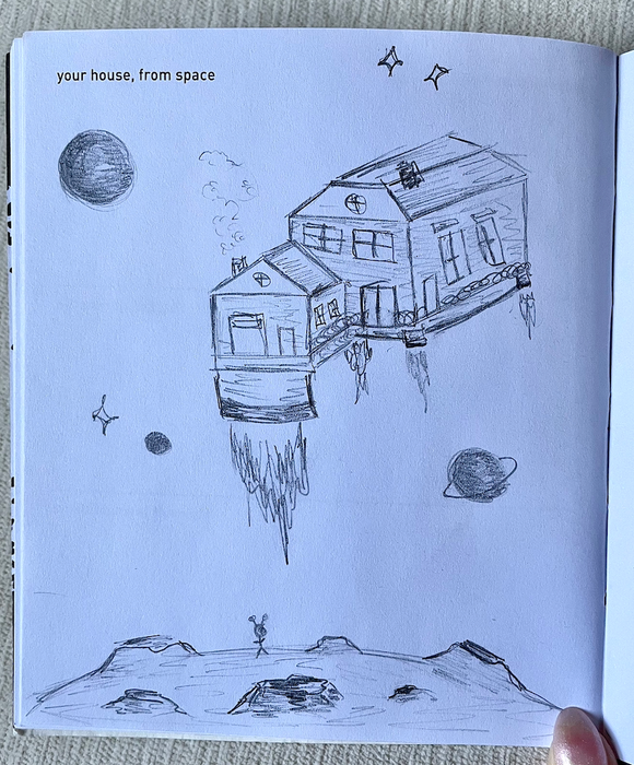 A sketch of a floating house titled 