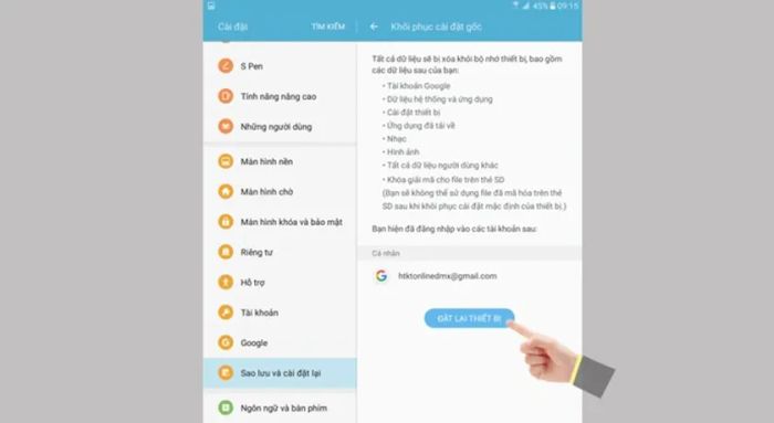 Cách reset máy tính bảng Samsung