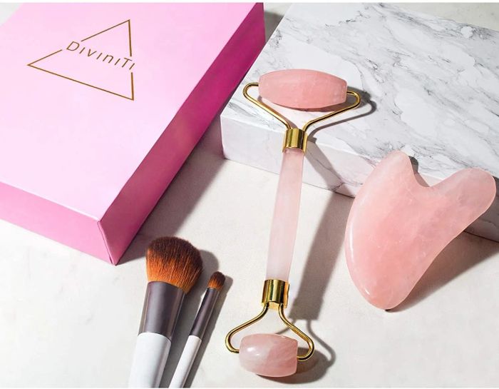 The elegant rose quartz roller and scraper.