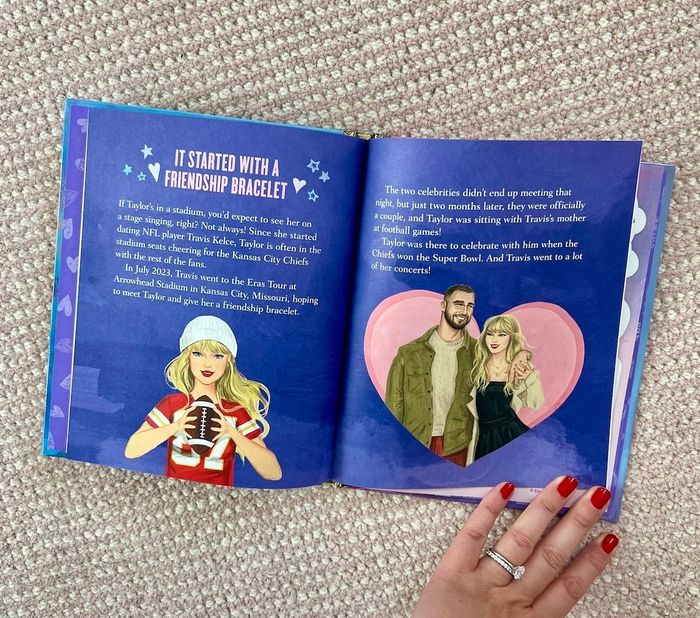 An open book page depicting a story of a friendship bracelet that sparks a relationship between a renowned singer and an NFL player, complete with their illustrated portraits