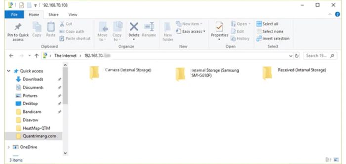 Sau khi kết nối, các thư mục trên điện thoại sẽ xuất hiện trong File Explorer