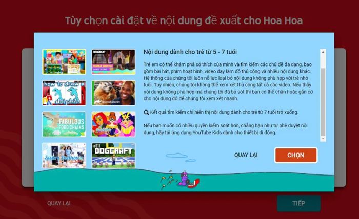 Chọn vào tùy chọn phù hợp để tiếp tục.