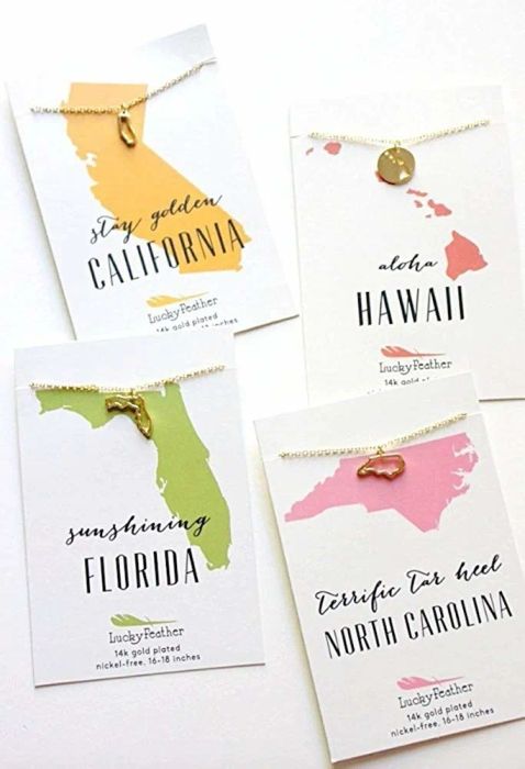 A variety of necklaces representing different states.