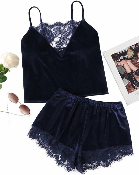 The navy velvet pajamas with lace trim, embodying elegance and comfort.
