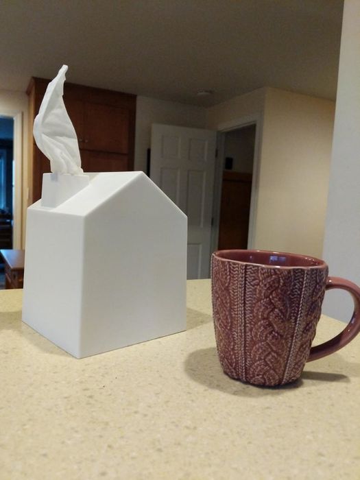 A white tissue box shaped like a house with a chimney, a tissue poking out of it, resting on a table.