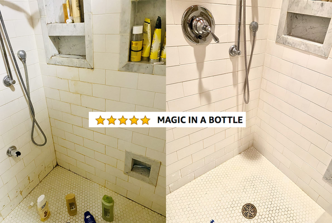 A reviewer's before/after photo showing a shower with black gunk and mold, now clean and free of stains, with five-star rating and accompanying text.