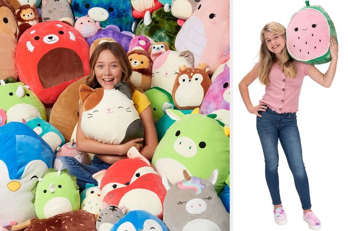 A split image of a child model surrounded by many Squishmallow toys, with one holding a watermelon Squishmallow.