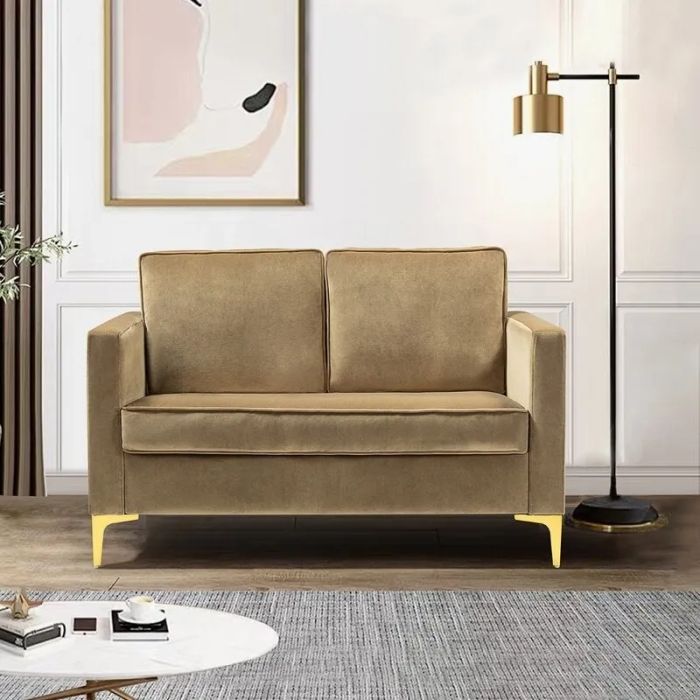 Camel-colored square-arm loveseat