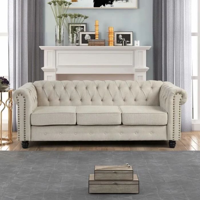 Beige linen blend rolled arm sofa