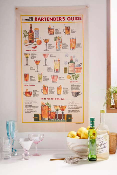 A fabric tapestry featuring painted cocktail illustrations and step-by-step instructions for making them