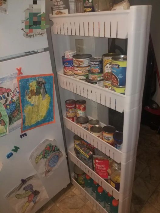 a reviewer’s shelf stocked with canned goods