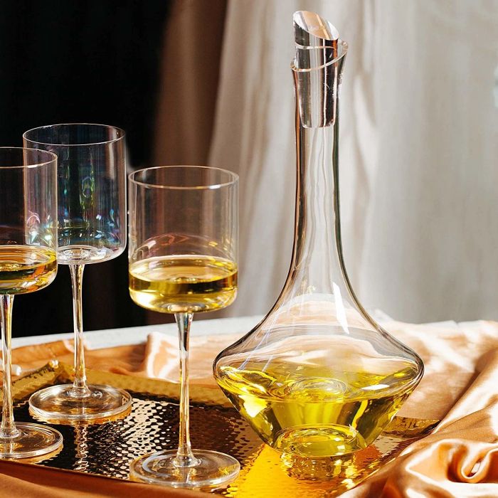 A beautifully crafted crystal wine decanter.
