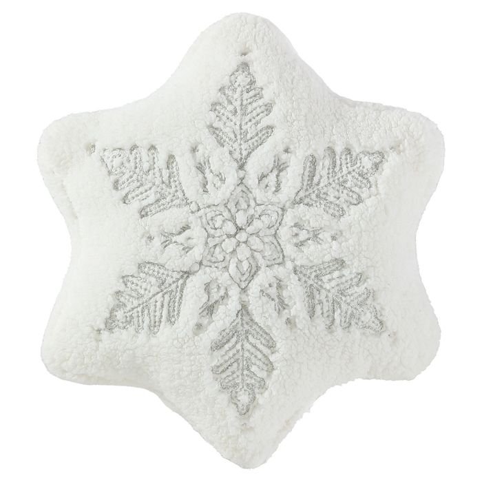 A cozy, plush snowflake-shaped throw pillow.