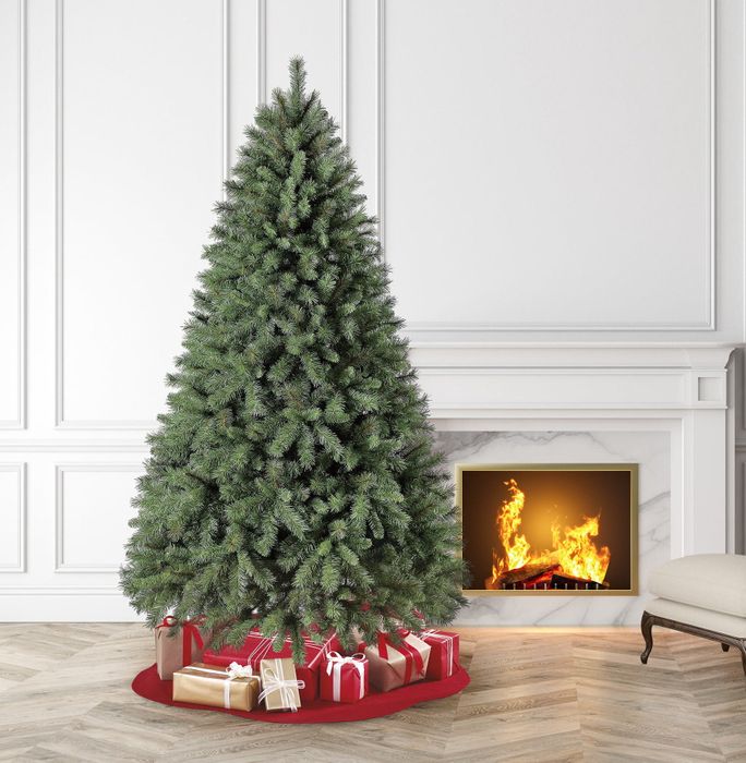 A pre-lit artificial Christmas tree.