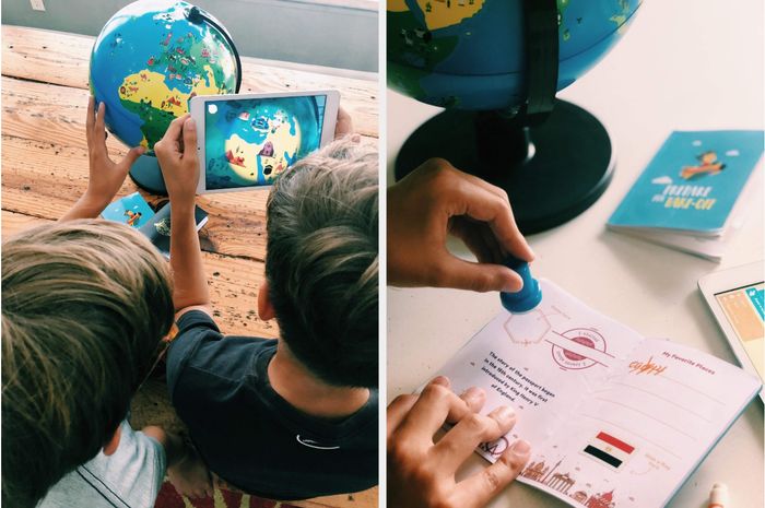 A split image showing the reviewer's photos of children playing with a globe and tablet, along with a passport stamp book.
