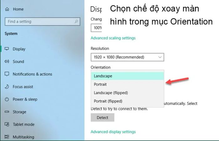Nhấn vào mũi tên thả xuống trong mục Orientation