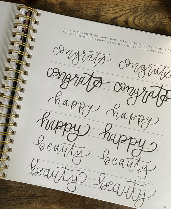 The reviewer practicing the same words in calligraphy multiple times on the page.