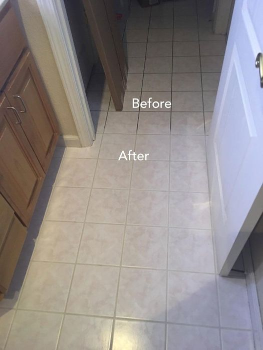 A reviewer's before/after image of a tile floor, showcasing dark, dirty grout before, and the refreshed, clean grout after use.