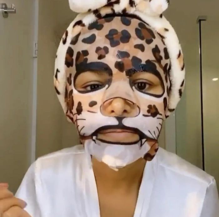 A customer photo of them wearing a fun leopard-patterned face mask.