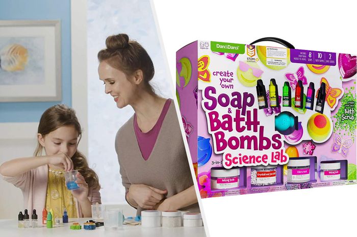 A split image of a child and parent using the bath bomb kit, alongside the packaging of the kit.