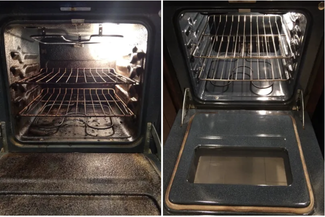Left: A reviewer's oven covered in stubborn, baked-on grease / Right: The same oven, now gleaming and spotless after using the cleaner