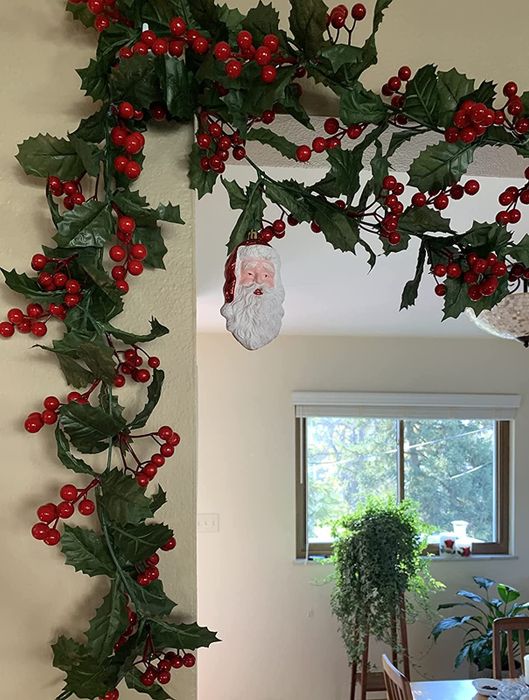 a red berry garland hanging elegantly over a doorway