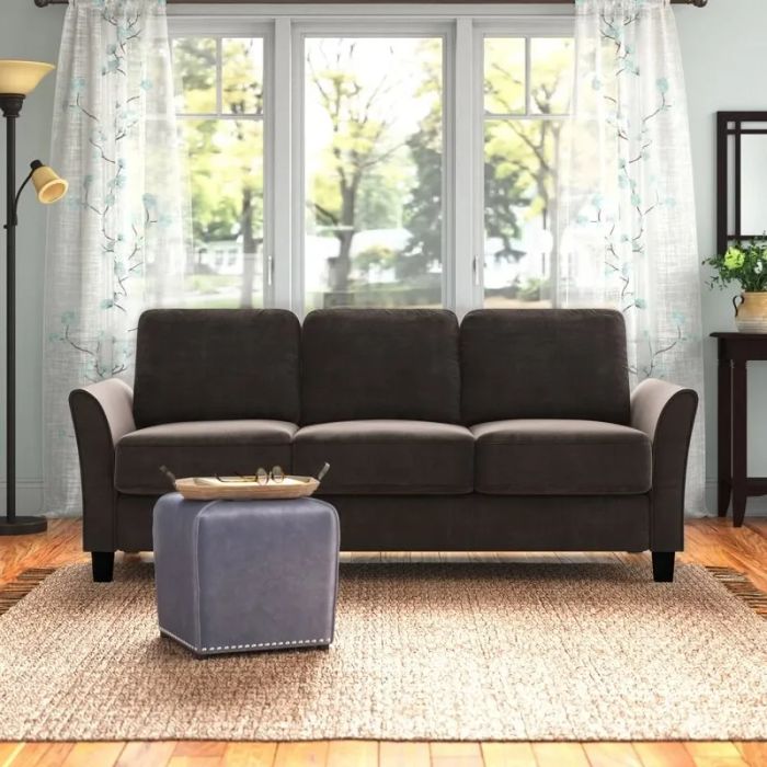 Flared arm sofa in rich coffee brown
