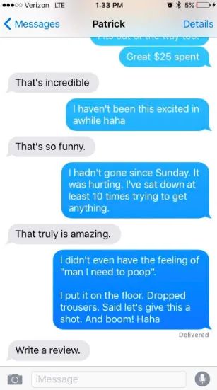 A customer review image showing a text conversation about their Squatty Potty experience.