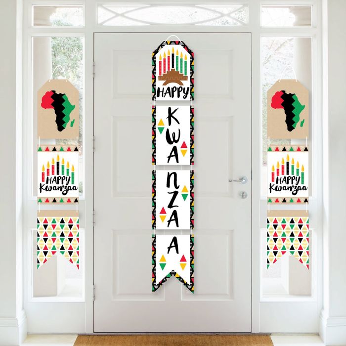 Two smaller banners reading 'Happy Kwanzaa' with vibrant candle and Africa-inspired illustrations, plus a larger one with bold festive text.