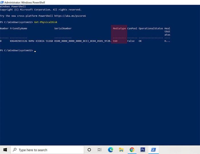 Kiểm tra ổ cứng SSD hay HDD bằng PowerShell
