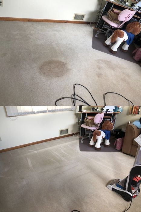 A reviewer's light beige carpet, before: with two large, stubborn stains, and after: completely spotless and stain-free.