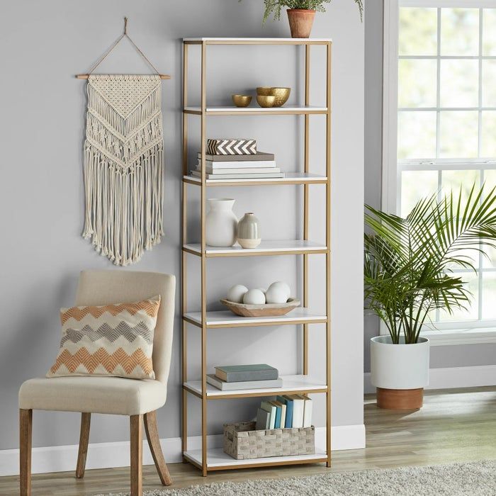 White and gold six-tier bookcase