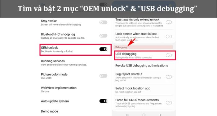 Tìm đến mục USB debugging → Bật lên → Khi máy hiển thị thông báo, chọn OK.