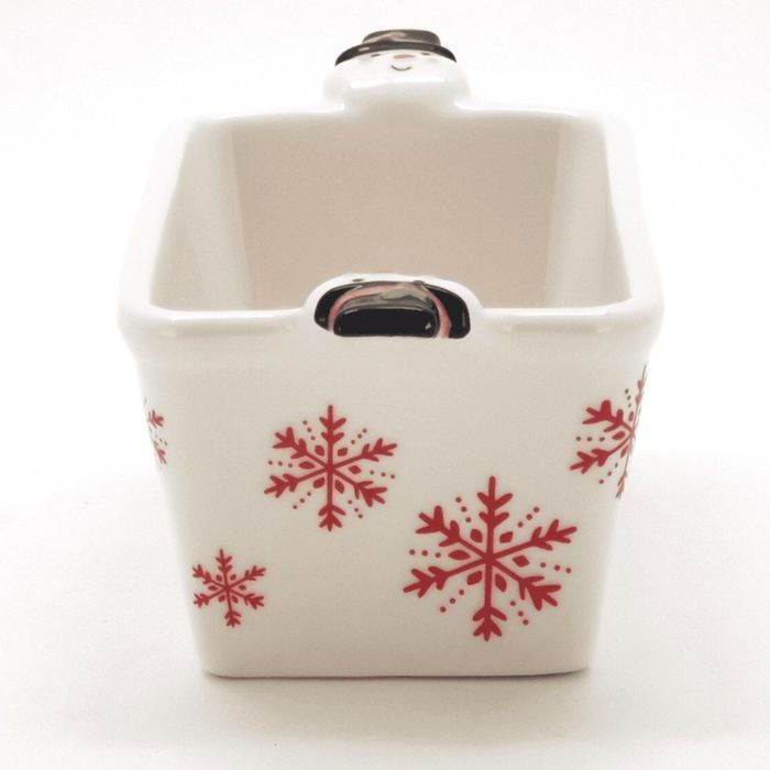The loaf pan features handles shaped like snowman heads.