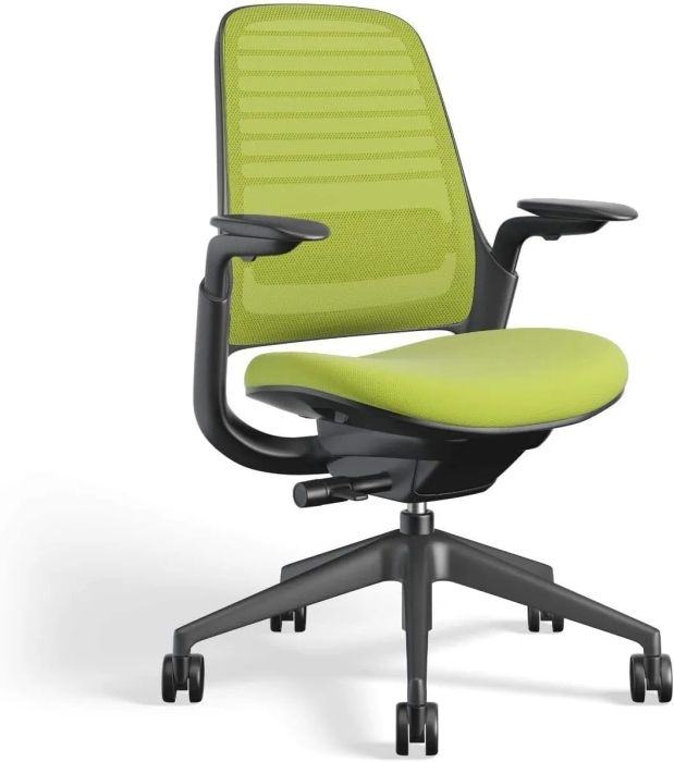 Bright green office chair with a mesh backrest and padded seat, adjustable armrests, and rolling wheels.