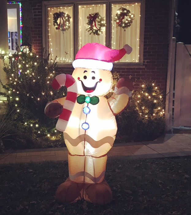 A photo from a reviewer showing the glowing gingerbread figure outside in their yard at night