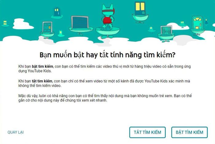 Lựa chọn bật hoặc tắt tính năng tìm kiếm trên YouTube Kids.