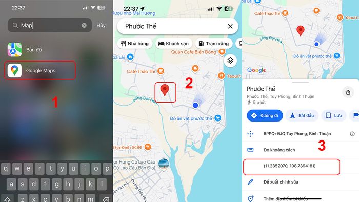 Hướng dẫn lấy tọa độ trên Google Map bằng điện thoại qua các bước 1, 2 và 3