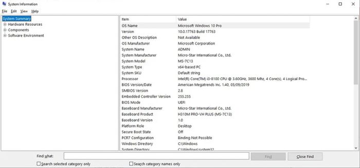Kiểm tra cấu hình máy tính qua lệnh msinfo32