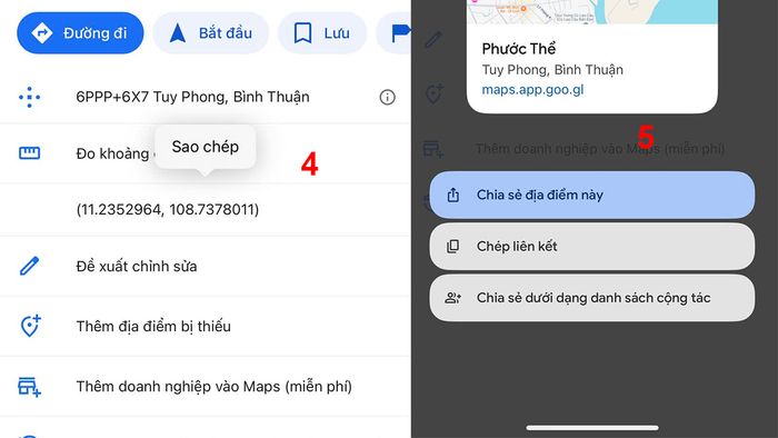 Hướng dẫn lấy tọa độ trên Google Map bằng điện thoại qua các bước 4 và 5