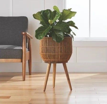 A woven and wooden planter placed near a bright window, showcasing a thriving green plant inside.