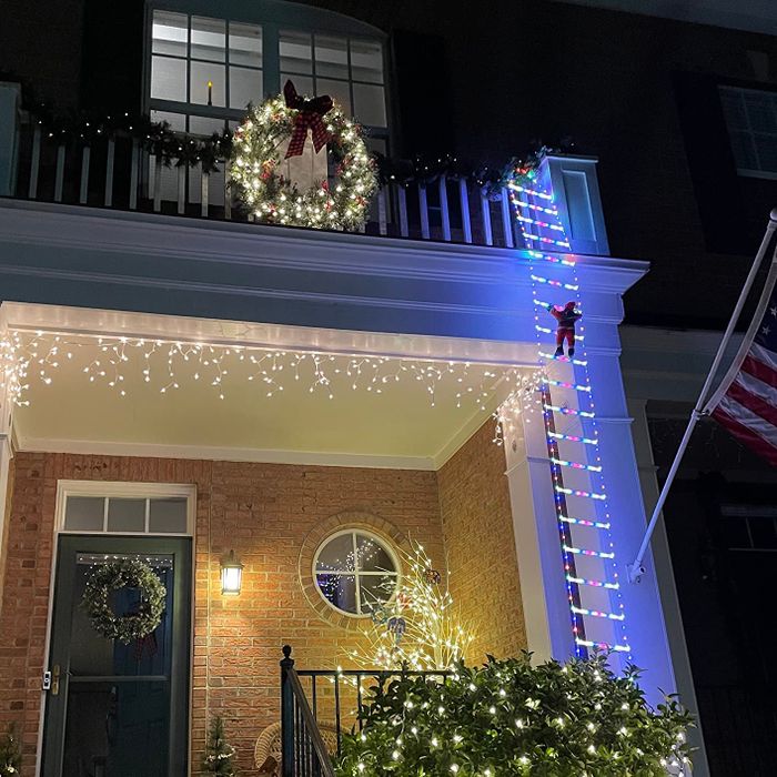 The ladder draped with multicolored lights decorating the side of a reviewer's home