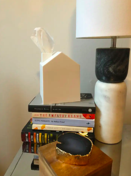 A stack of books with a house-shaped cover designed to conceal a square tissue box