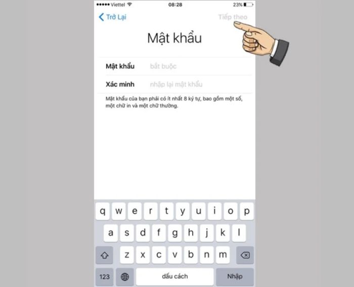 Mật khẩu dùng để tạo tài khoản ID Apple cần có tối thiểu 8 ký tự.