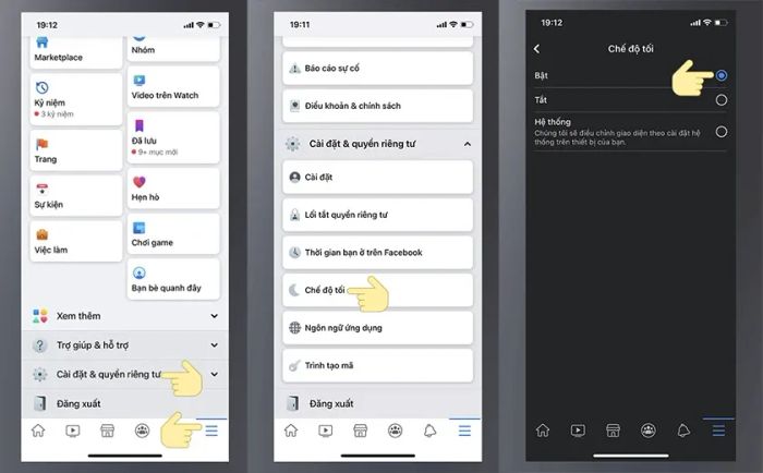 Cách bật chế độ tối Facebook iOS iPhone trong cài đặt ứng dụng.