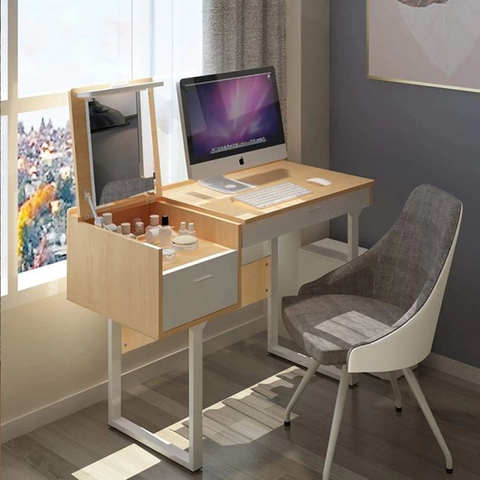 the product displays makeup, a mirror, and a desktop