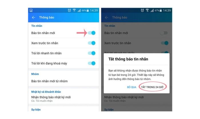 Bước 2: Tắt thanh trượt báo tin nhắn mới để ngừng nhận thông báo tin nhắn mới từ Zalo.