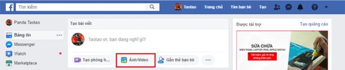 Chọn ô “Photo/video” để tải video lên Facebook.