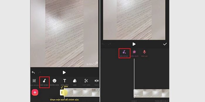 Bước 12: Sau khi đã hoàn tất việc cắt và tắt âm lượng, bạn chuyển sang phần âm nhạc và lựa chọn bài hát yêu thích để ghép vào video.